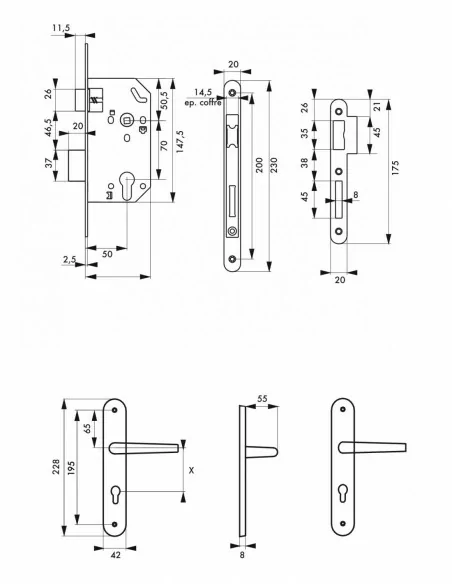 Garniture monomax axe 50 à cylindre 3 clés v/br + ensemble pelope