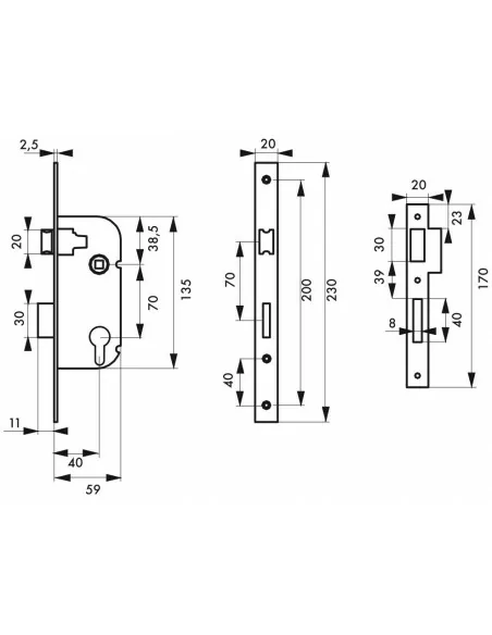 Serrure encastrable pour porte d'entrée v/bc 3 clés