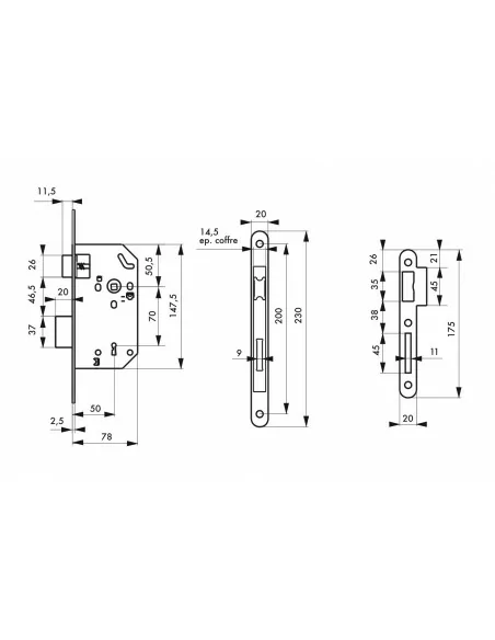 Serrure encastrable pour porte d'intérieur monomax nf têtère acier laitonné