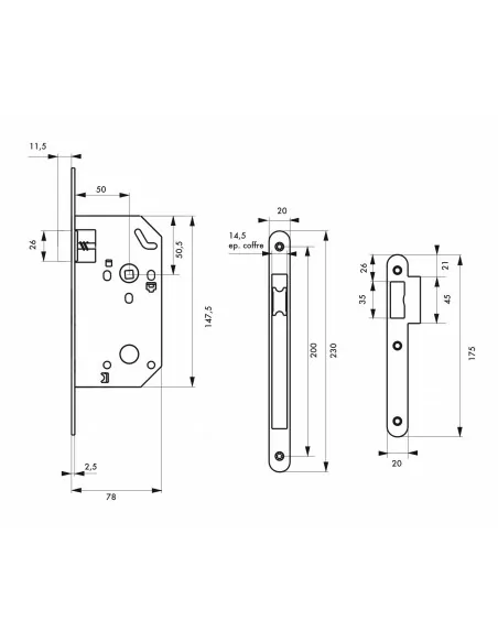 Serrure encastrable pour porte d'intérieur monomax nf têtère acier laitonné