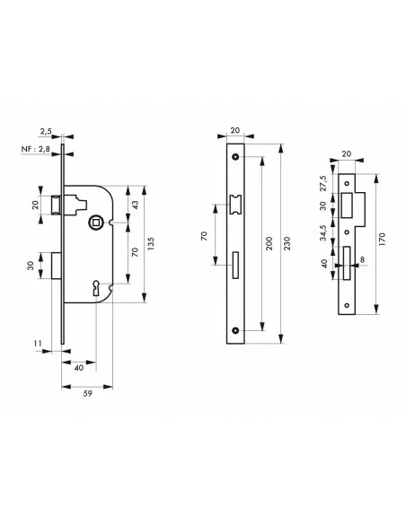 Serrure encastrable pour porte d'intérieur 1 tour v/br 1 clé