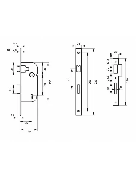 Serrure encastrable pour porte d'intérieur 1 tour z/br 1 clé