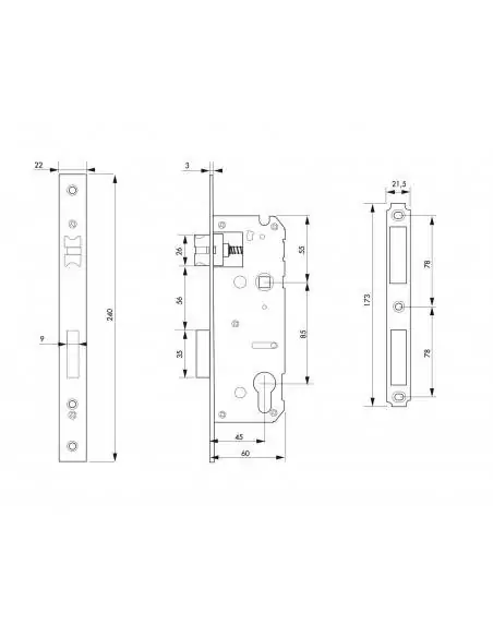 Serrure encastrable pour porte d'intérieur a45mm ea85mm bout carre