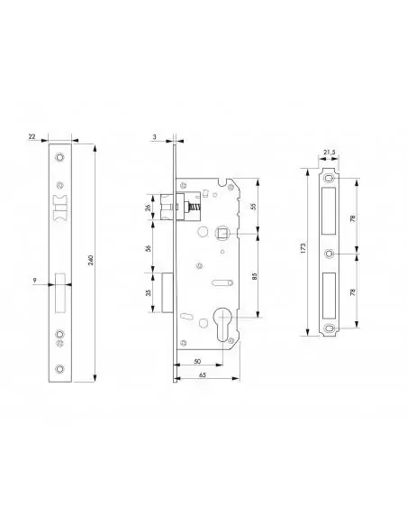 Serrure encastrable pour porte d'intérieur a50mm ea85mm bout carre