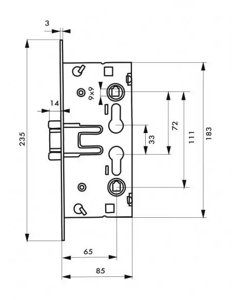 Serrure encastrable pour porte d'intérieur de chaufferie (version anti-panique)