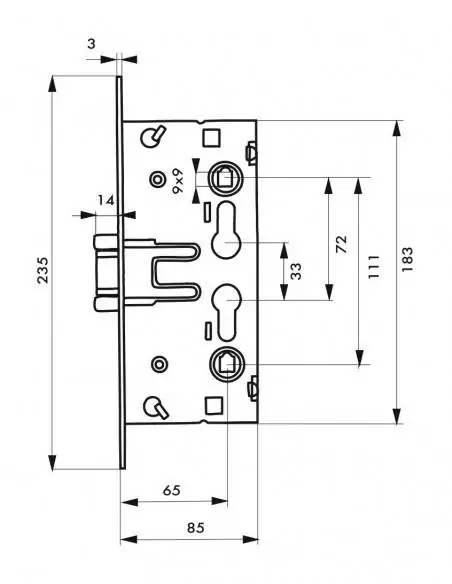 Serrure encastrable pour porte d'intérieur de chaufferie (version standard)