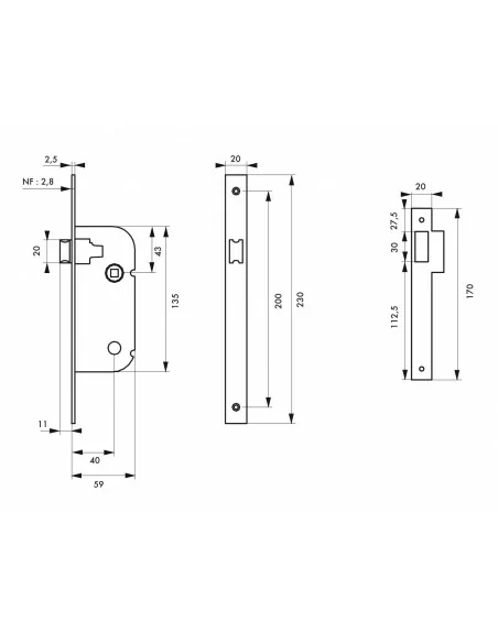 Serrure encastrable pour porte d'intérieur nf v/bc