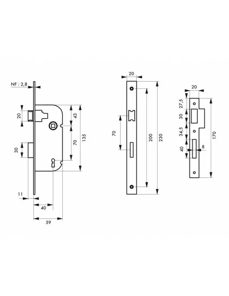 Serrure encastrable pour porte d'intérieur nf v/bc 1clé