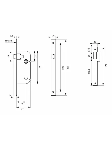 Serrure encastrable pour porte d'intérieur nf v/br