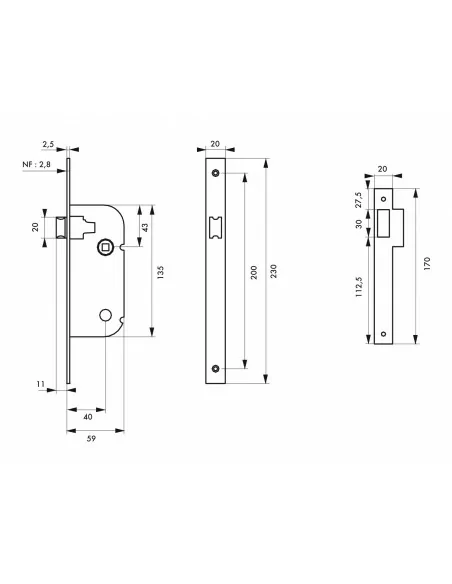 Serrure encastrable pour porte d'intérieur nf z/br