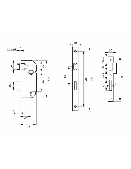 Serrure encastrable pour porte d'intérieur nf z/br 1 clé