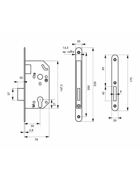 Serrure encastrable pour porte d'intérieur unimax nf têtère laitonnée