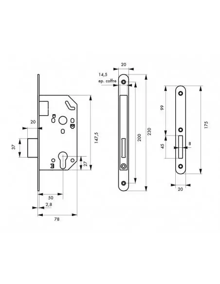 Serrure encastrable pour porte d'intérieur unimax nf têtère noire