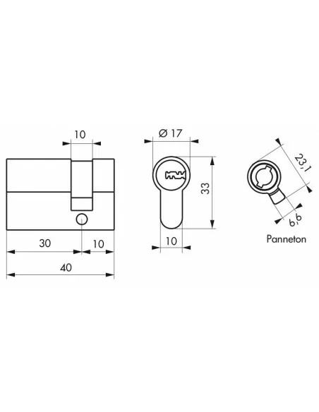 1/2 cylindre 30 x10 mm nickelé panneton orientable 5 clés