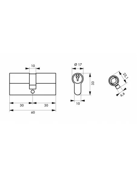 Cylindre à clé crantée 30 x 30 mm panneton réduit 3 clés pour réf. 011721-011728-012825