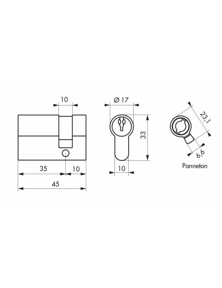 Demi-cylindre 35 x 10 mm 3 clés nickelé