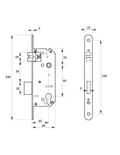 Serrure à encastrer INTELOCK axe 45mm entraxe 85mm bouts ronds - THIRARD 2