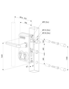 Serrure à double cylindre pour profil carré - Aluminium - LOCINOX 2