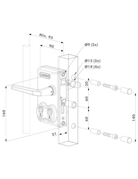 Serrure à double cylindre pour profil carré - Aluminium - LOCINOX